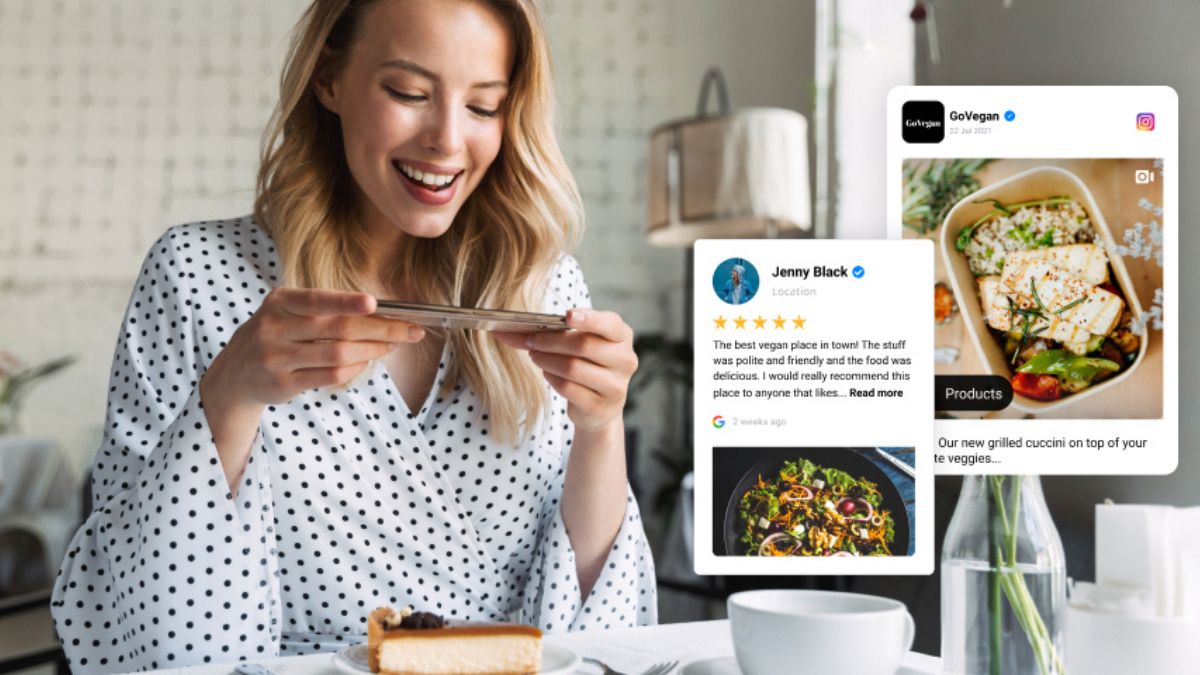 conteúdo gerado pelo usuário: mulher tirando foto de comida para redes sociais