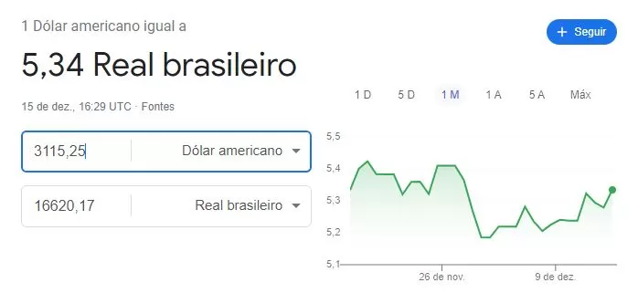 conversão de dolar para real do google