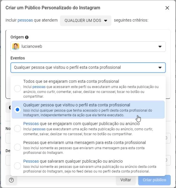 Público de Visitantes do perfil do Instagram